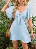 Smocked Back Knotted Flutter Sleeve Dress - Trendsi - Flyclothing LLC