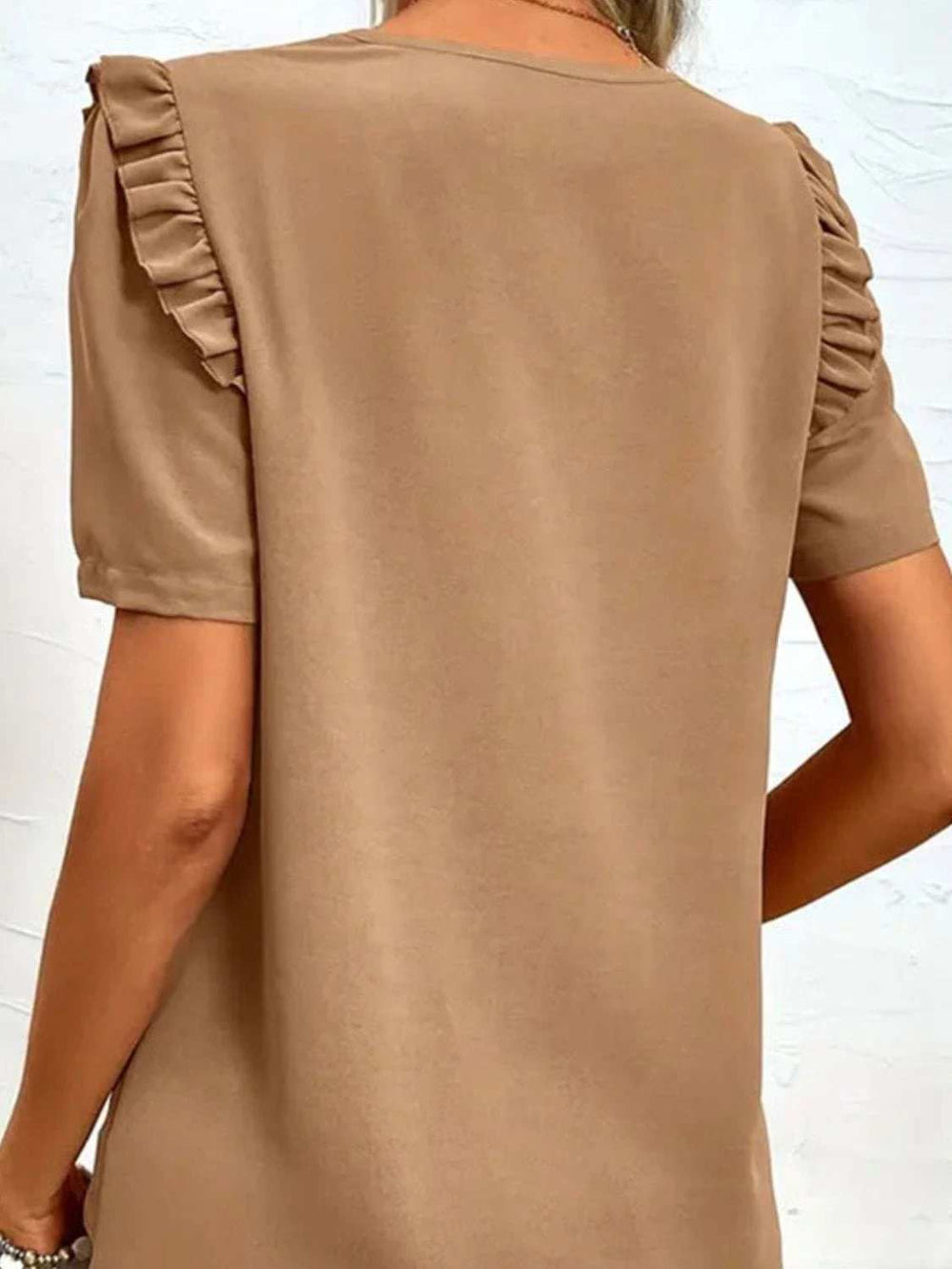 Ruffled V-Neck Short Sleeve Blouse - Trendsi - Flyclothing LLC