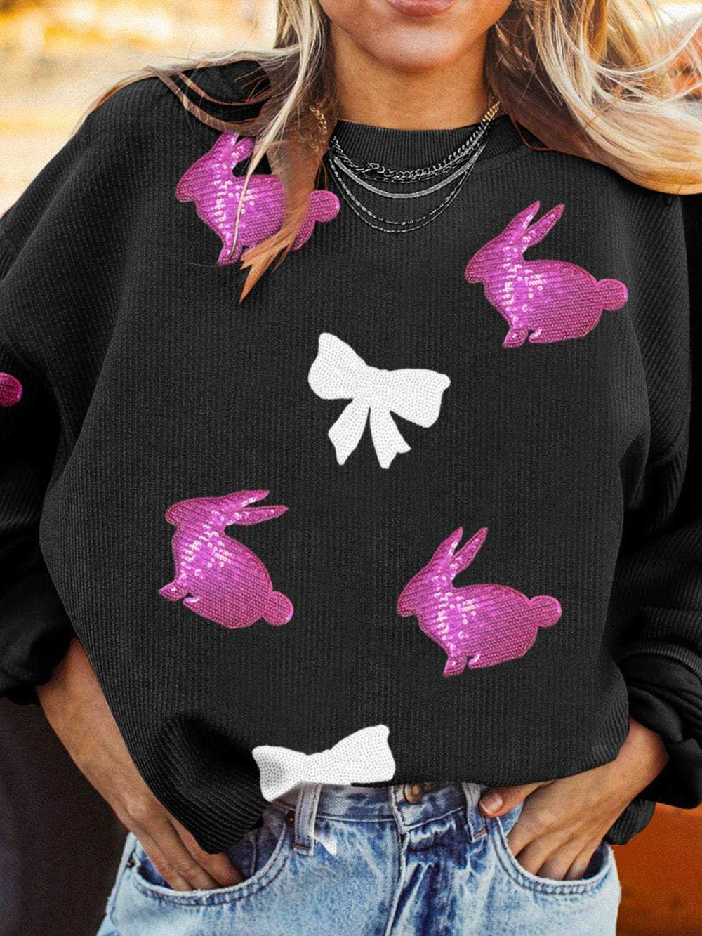 Sequin Bunny Bow Easter Corded Rib Sweatshirt - Trendsi - Flyclothing LLC