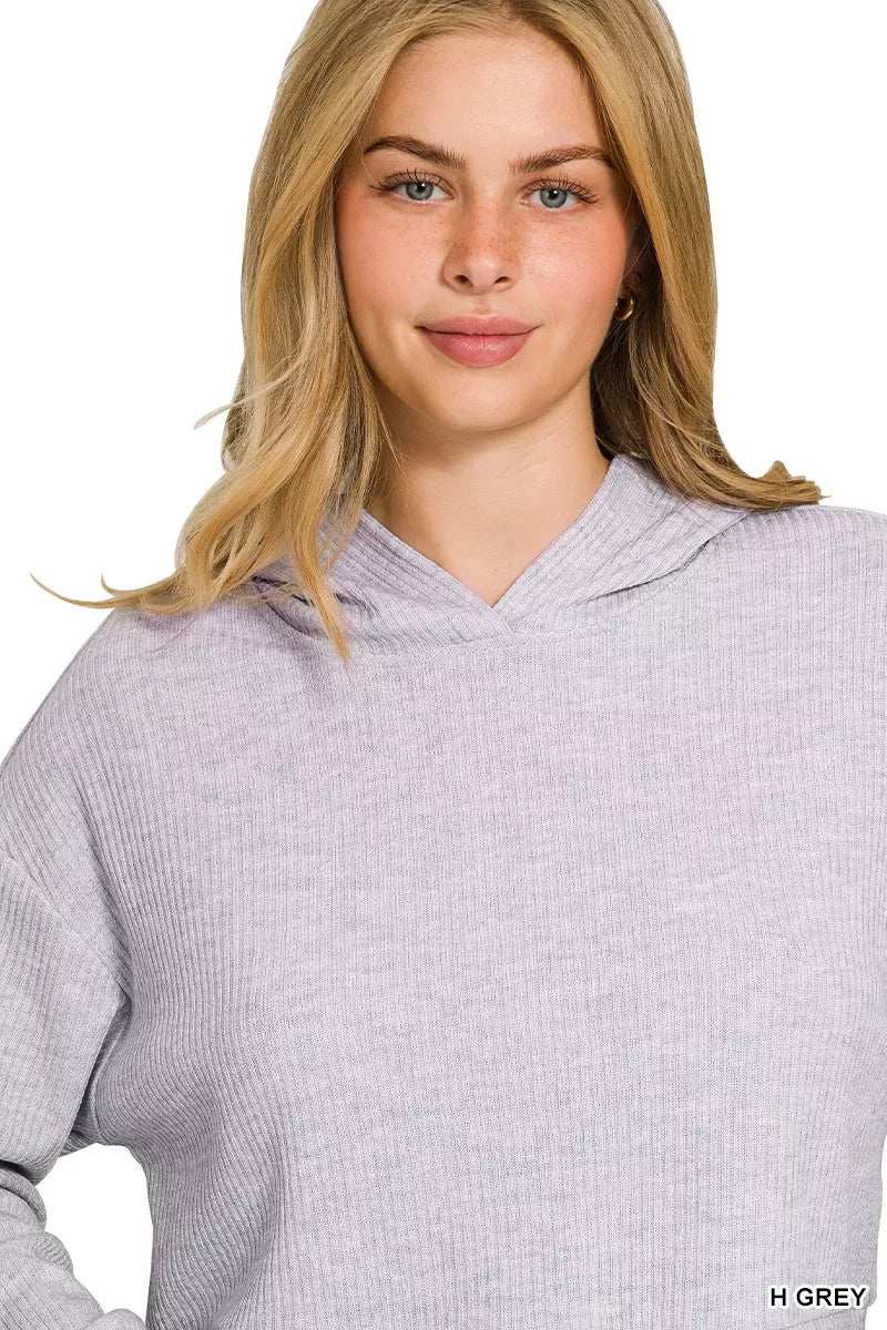 Zenana Drop Shoulder Ribbed Crop Hoodie - Trendsi - Flyclothing LLC
