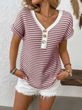 Striped V-Neck Short Sleeve T-Shirt - Trendsi - Flyclothing LLC