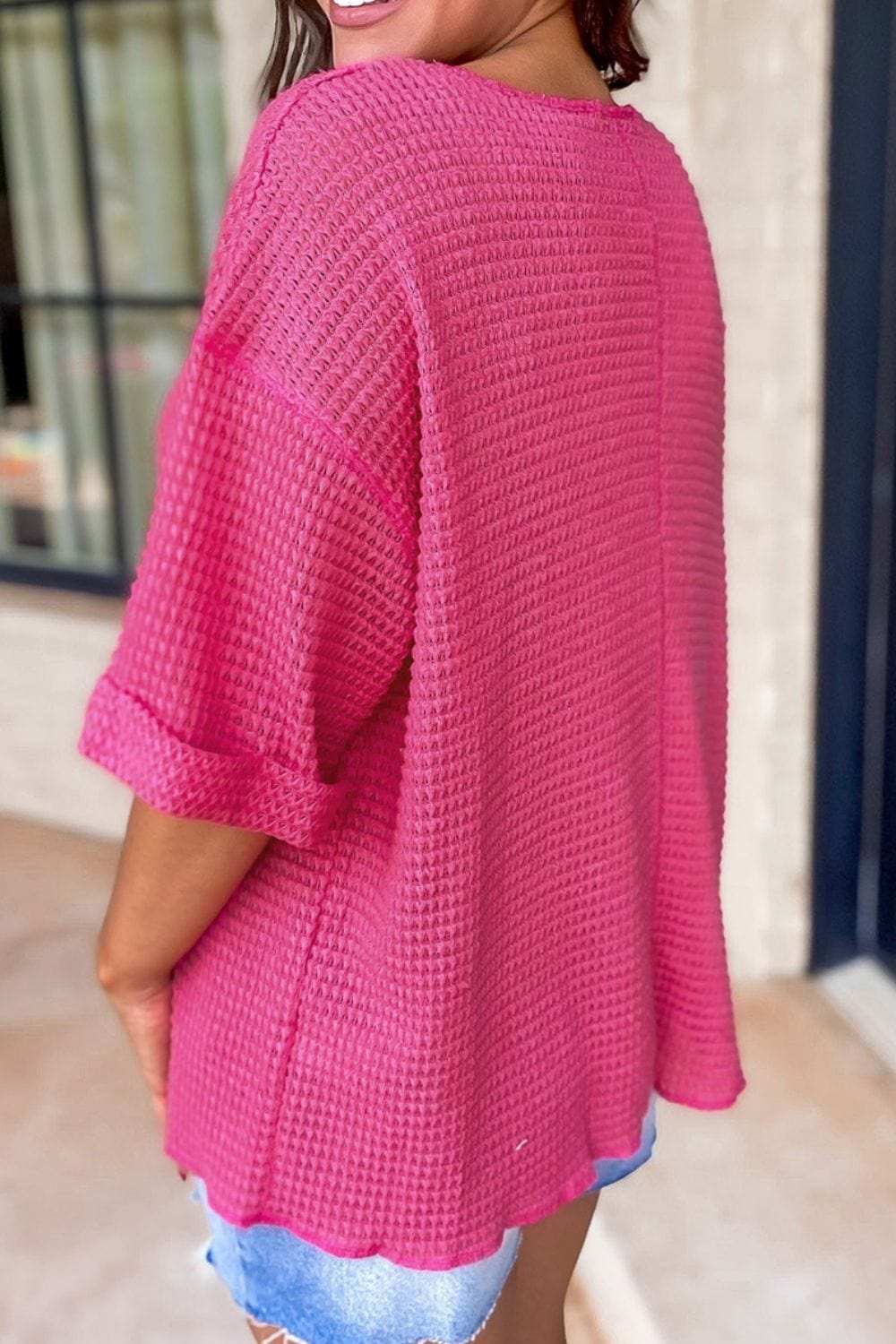 Textured Cuffed Short Sleeve Top - Trendsi - Flyclothing LLC