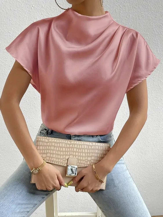 Mock Neck Short Sleeve Blouse - Trendsi - Flyclothing LLC