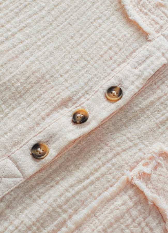 Textured Frayed Trim Half Button Short Sleeve Top - Trendsi - Flyclothing LLC