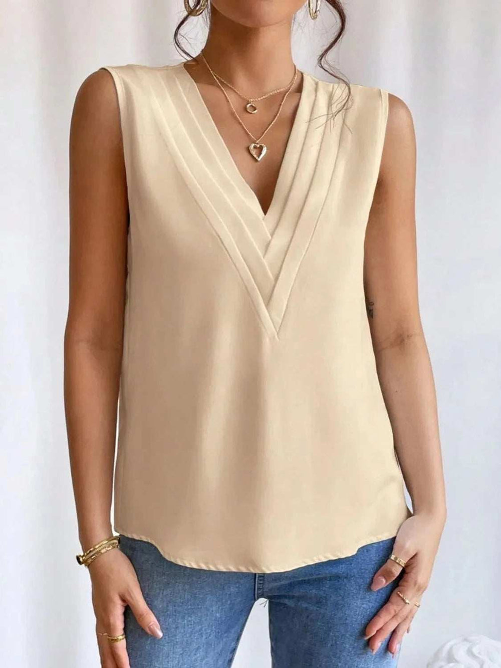 V-Neck Pleated Sleeveless Cami Tank Top - Trendsi - Flyclothing LLC