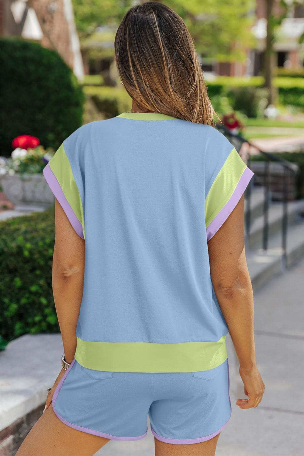 Contrast Round Neck Top and Shorts Set - Trendsi - Flyclothing LLC