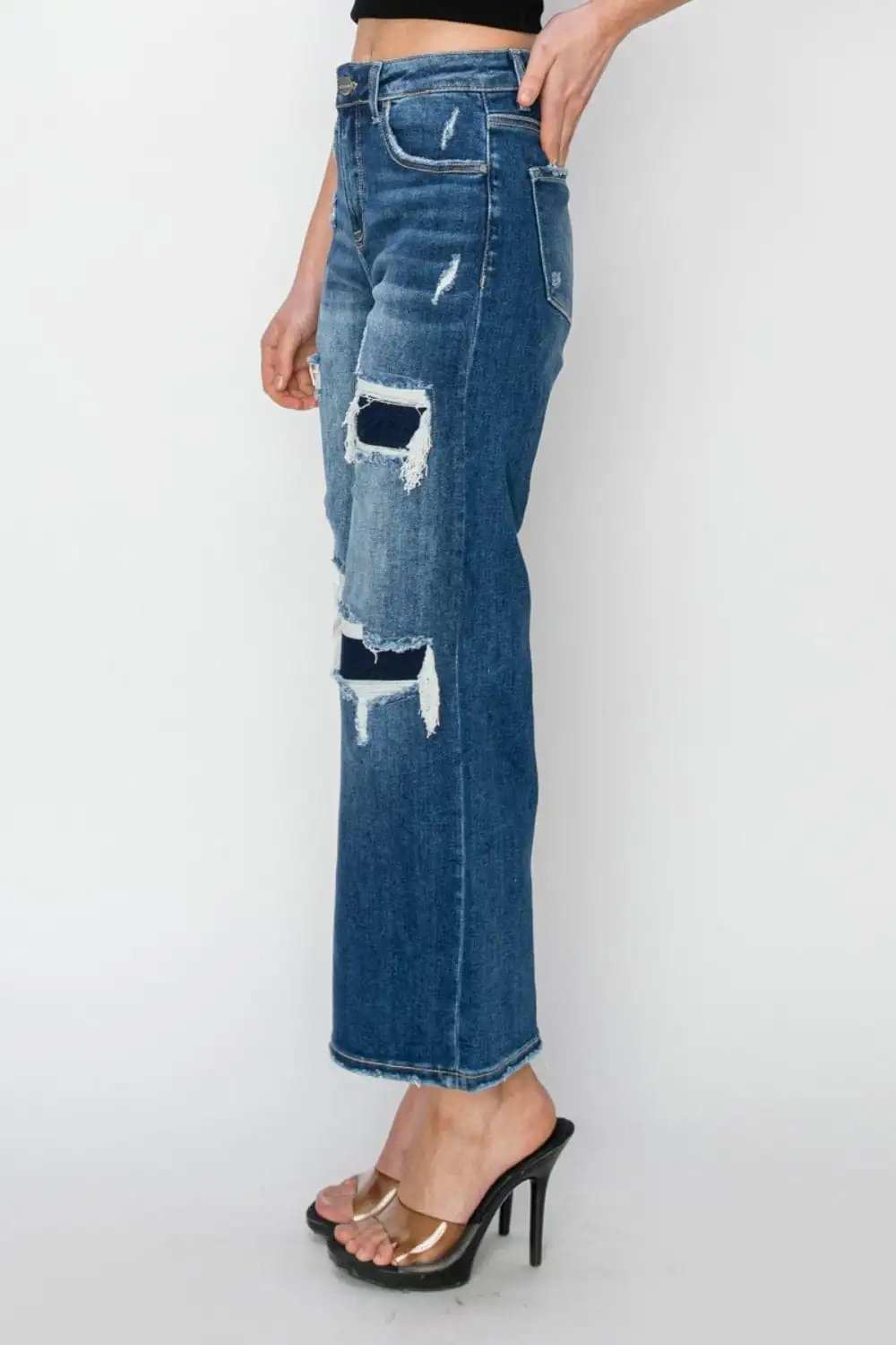 Risen Full Size High Rise Patch Detailed Wide Leg Crop Jeans - Trendsi - Flyclothing LLC