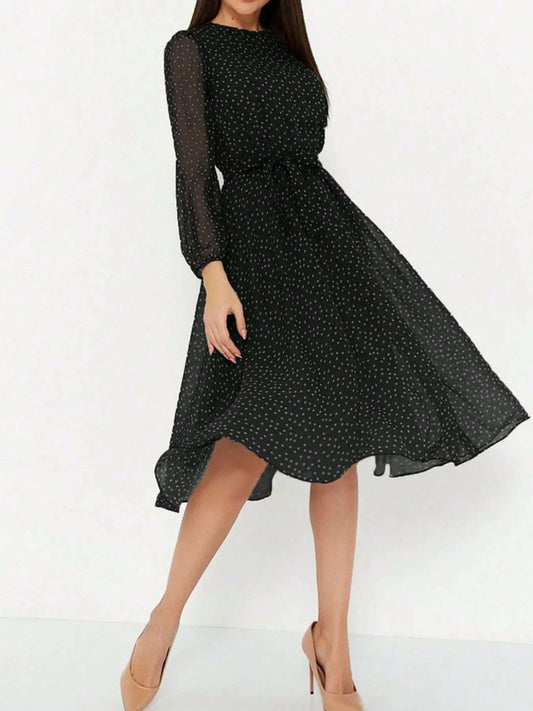 Polka Dot Long Sleeve Midi Dress - Trendsi - Flyclothing LLC