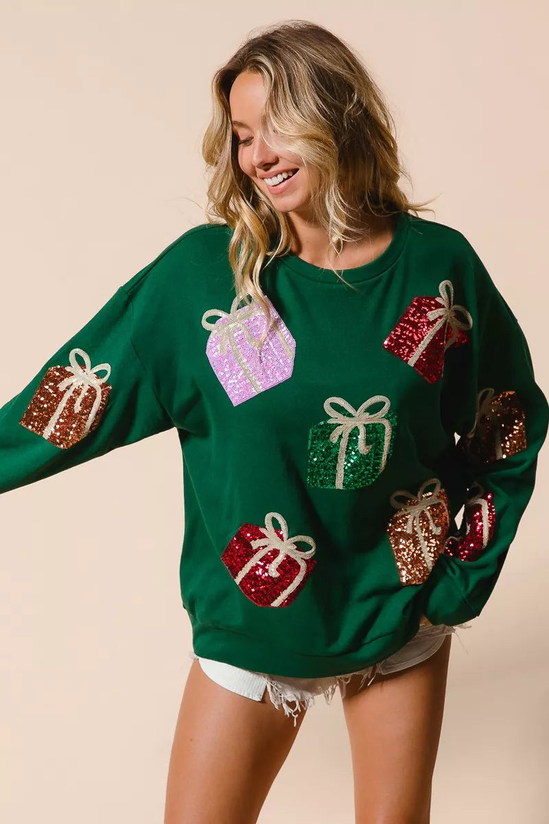 BiBi Sequin Christmas Gift Box Embroideries Pullover - Trendsi - Flyclothing LLC