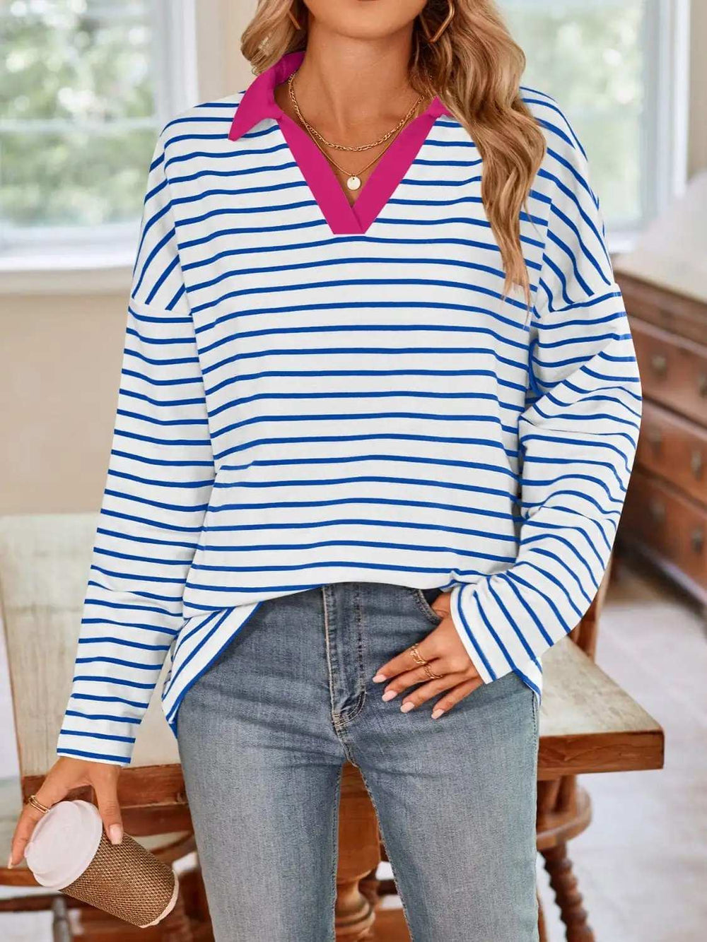 Striped Johnny Collar Long Sleeve T-Shirt - Trendsi - Flyclothing LLC