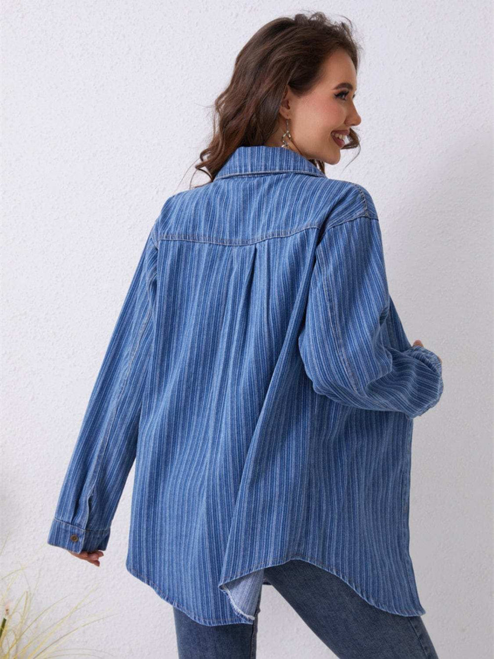 Pocketed Striped Button Up Denim Shirt - Trendsi - Flyclothing LLC