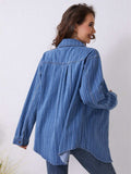 Pocketed Striped Button Up Denim Shirt - Trendsi - Flyclothing LLC
