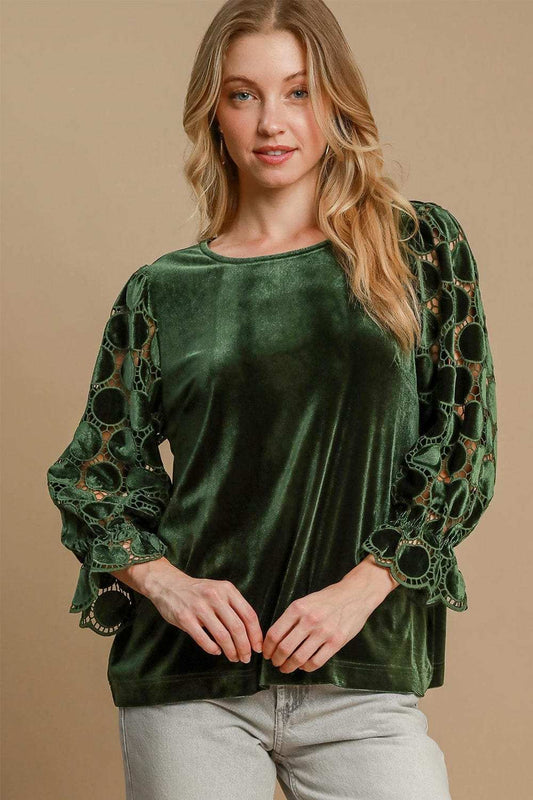 Umgee Polka Dot Lace Long Sleeve Round Neck Blouse - Trendsi - Flyclothing LLC