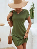 Notched Short Sleeve Mini Tee Dress - Trendsi - Flyclothing LLC