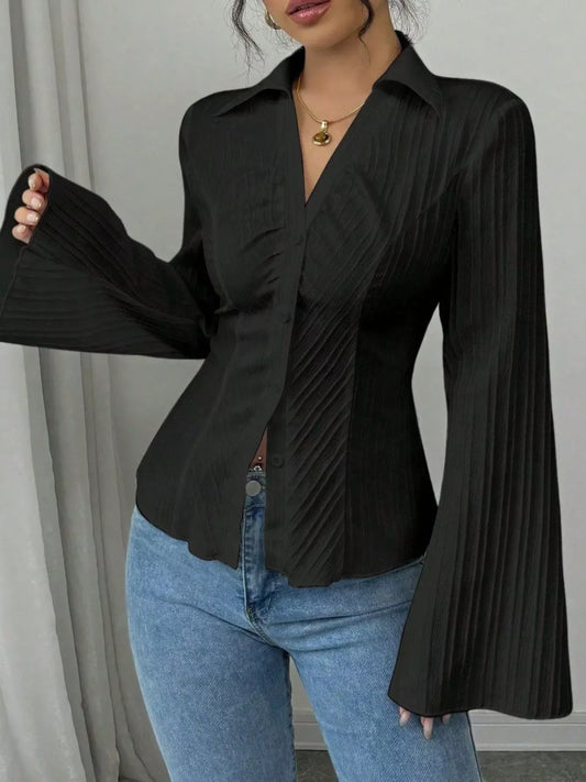 Flare Sleeve Button Up Shirt - Trendsi - Flyclothing LLC