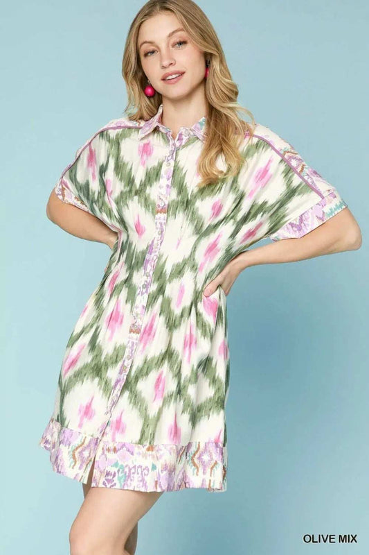 Umgee Ethnic Print Short Sleeve Mini Shirt Dress - Trendsi - Flyclothing LLC