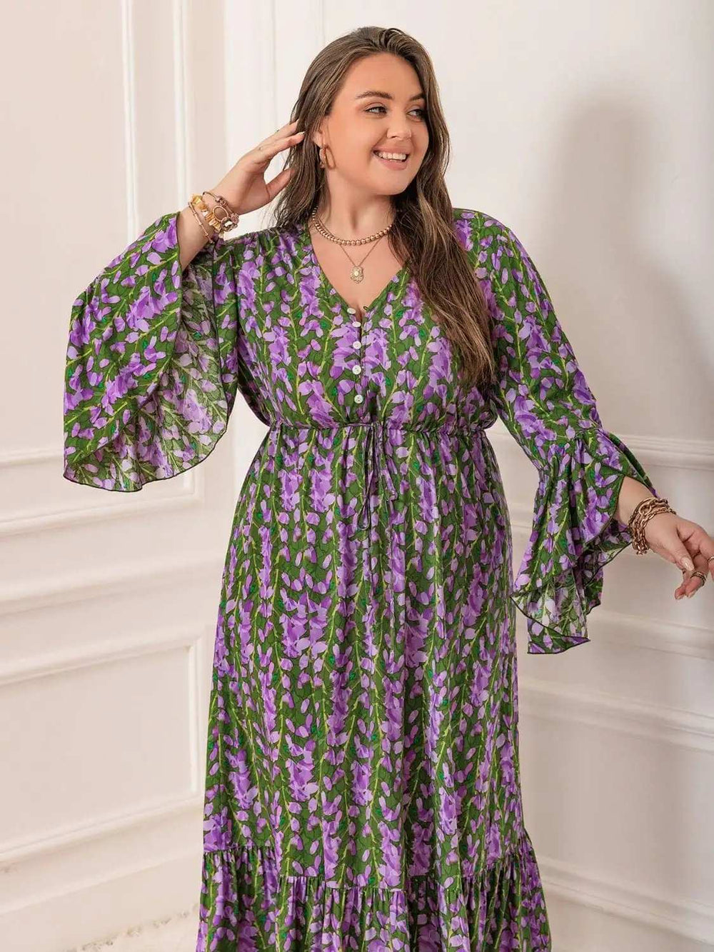 Plus Size Printed V-Neck Long Sleeve Maxi Dress - Trendsi - Flyclothing LLC