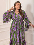 Plus Size Printed V-Neck Long Sleeve Maxi Dress - Trendsi - Flyclothing LLC