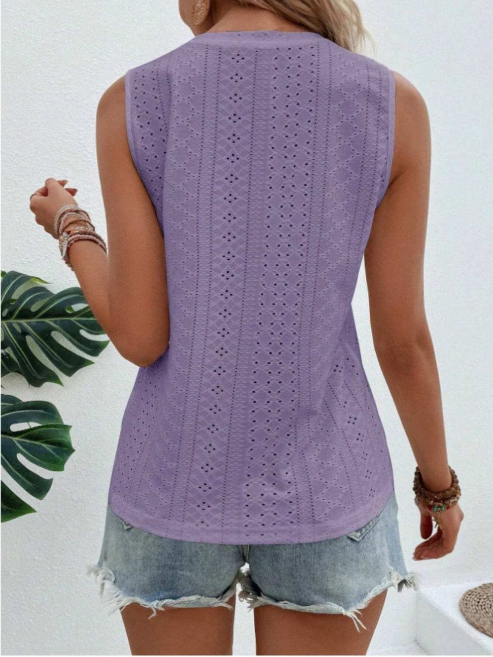Eyelet Round Neck Tank - Trendsi - Flyclothing LLC