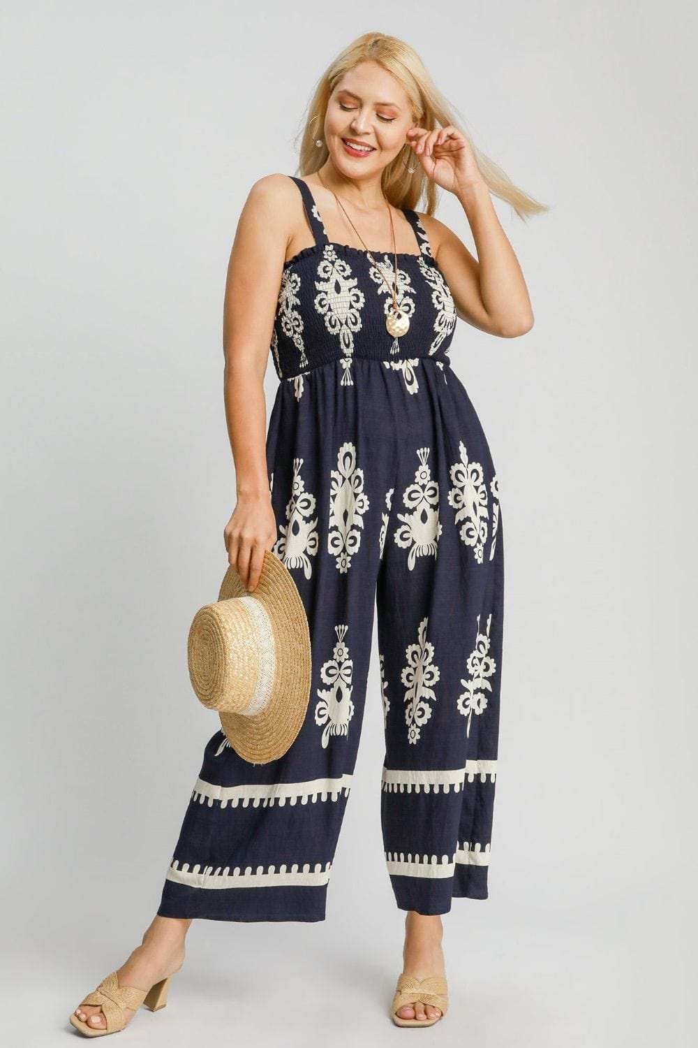 Umgee Full Size Smocked Printed Wide Leg Jumpsuit Plus Size - Trendsi - Flyclothing LLC