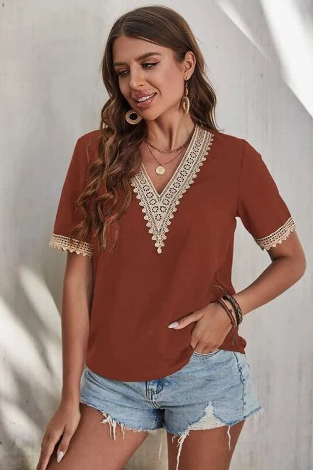 Full Size Lace Detail V-Neck Short Sleeve Blouse - Trendsi - Flyclothing LLC