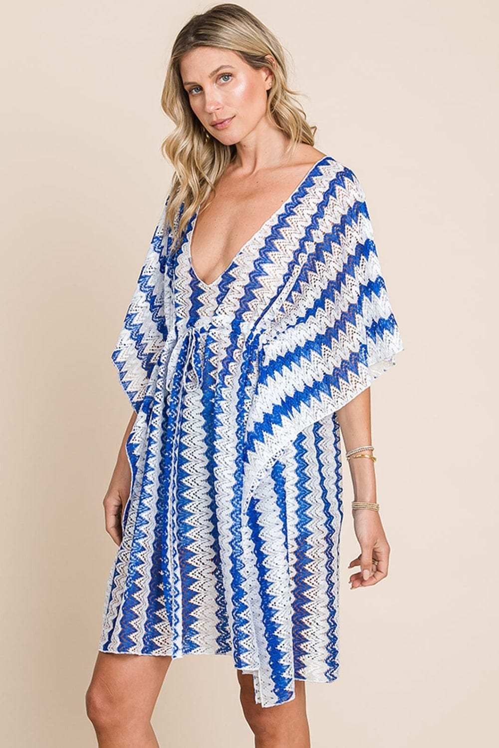 Cotton Bleu by Nu Lab Tied Striped Plunge Half Sleeve Cover-Up - Trendsi - Flyclothing LLC