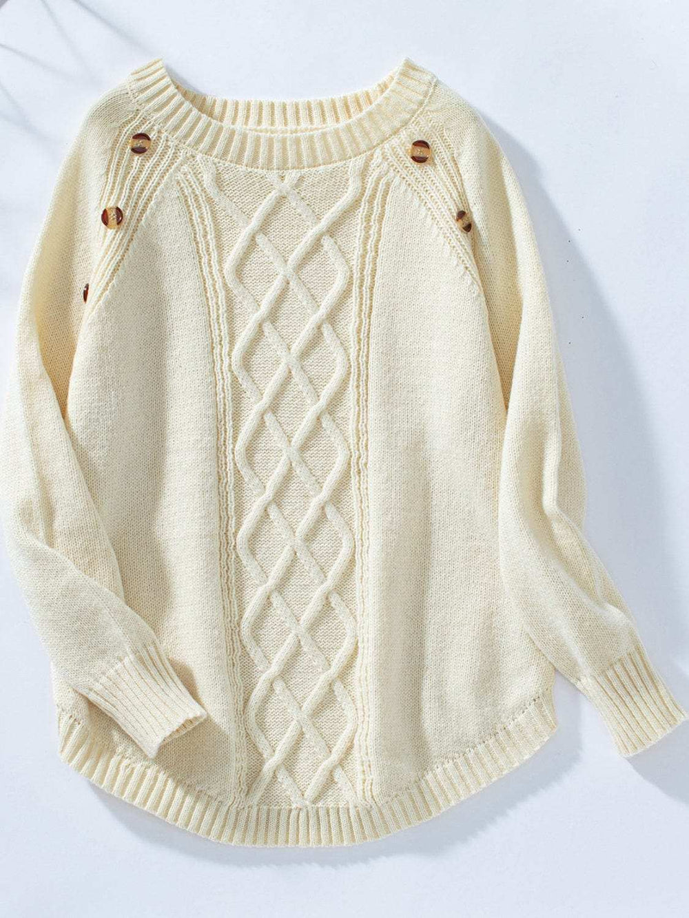 Decorative Button Round Neck Raglan Sleeve Sweater - Trendsi - Flyclothing LLC