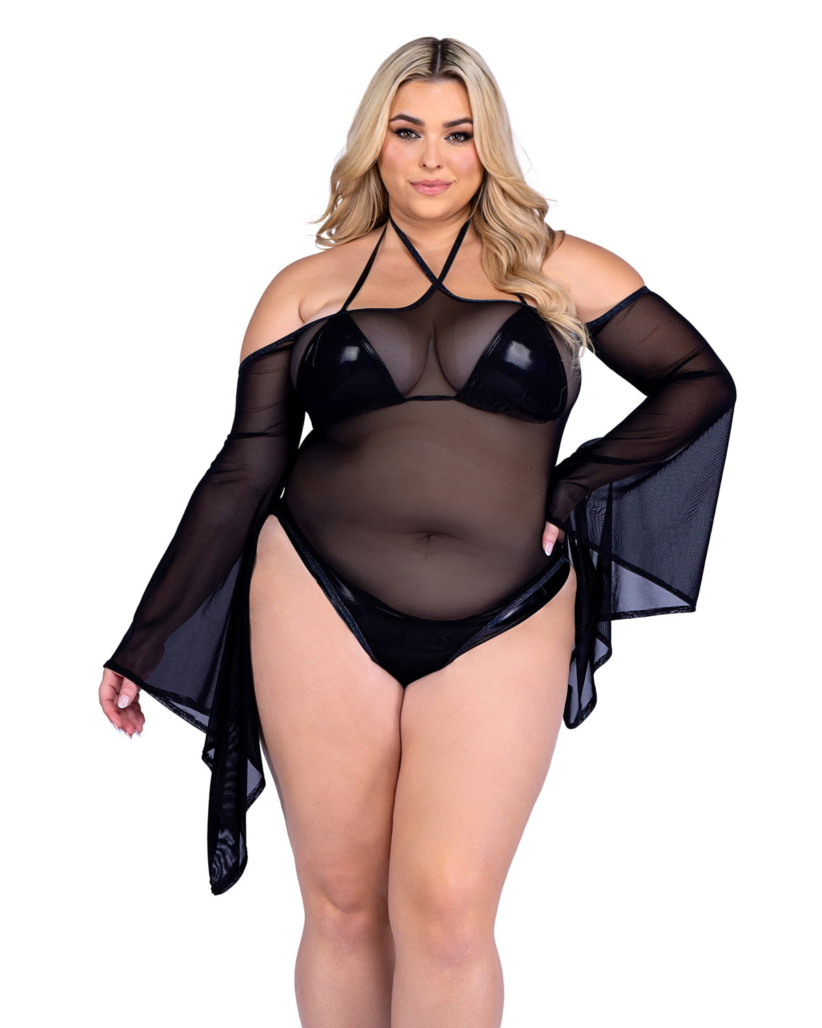 Roma Costume 6497 Sheer Mesh Romper with Bell Sleeves