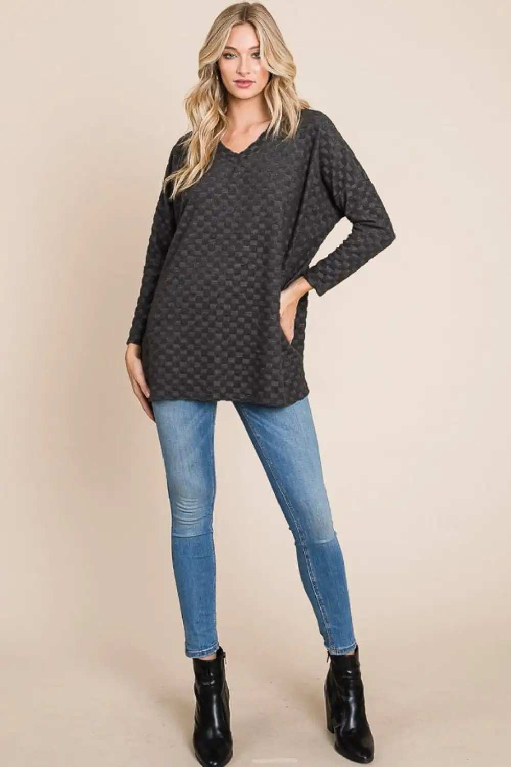 BOMBOM Checkered Long Sleeve V-Neck T-Shirt - Trendsi - Flyclothing LLC