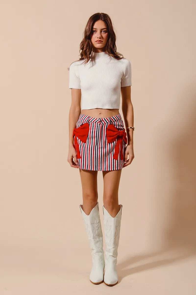SO ME Contrast Bow Knot Pocket Fourth Of July Denim Skirt - Trendsi - Flyclothing LLC