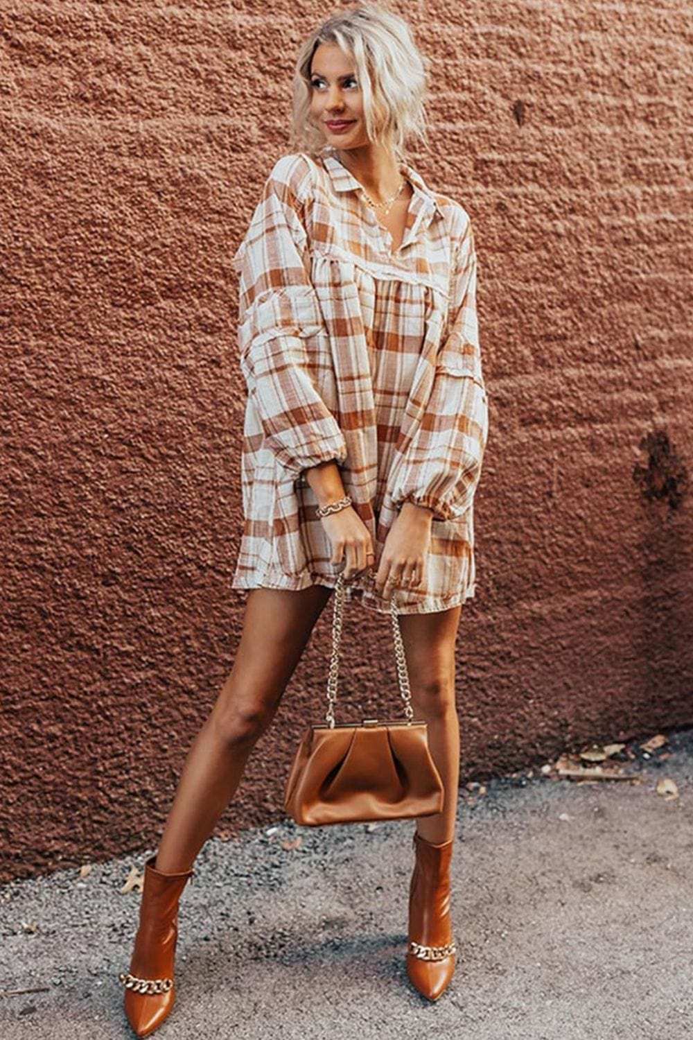 Plaid Collared Neck Long Sleeve Mini Shirt Dress - Trendsi - Flyclothing LLC