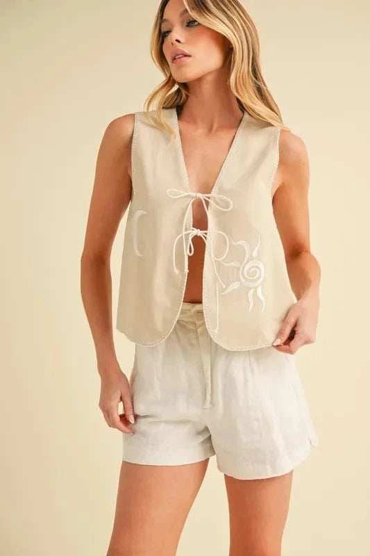 Aemi+Co Embroidered Tied Front Vest Coat - Trendsi - Flyclothing LLC