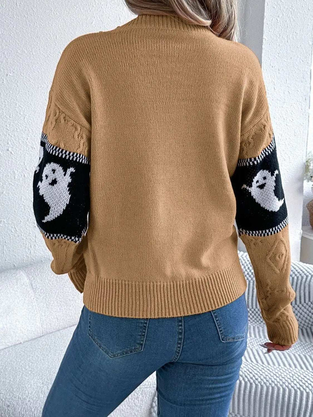 Ghost Round Neck Long Sleeve Sweater - Trendsi - Flyclothing LLC