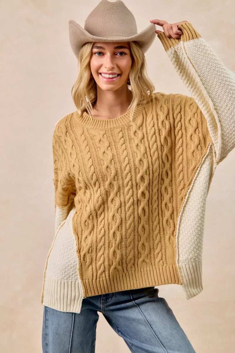 BiBi Cable Knit With Hacci Combo Sweater With Uneven Hem Detail - Trendsi - Flyclothing LLC