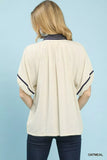 Umgee Linen Puff Sleeve Contrast Trim Top - Trendsi - Flyclothing LLC