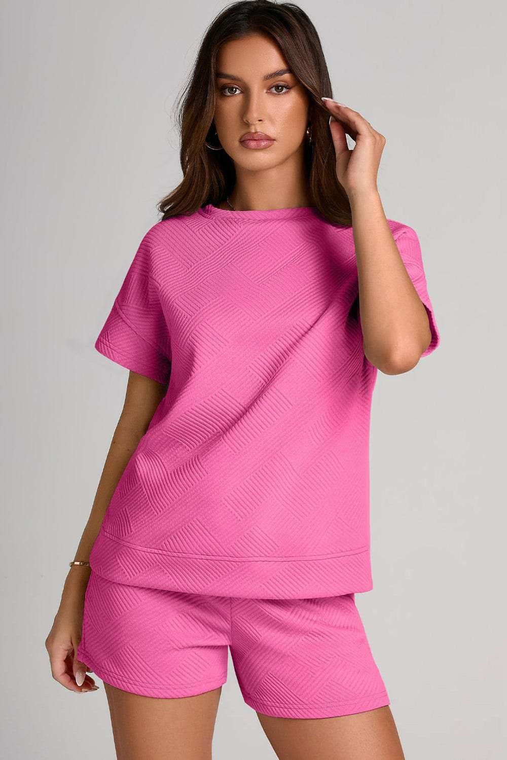 Textured Round Neck T-Shirt and Shorts Set - Trendsi - Flyclothing LLC
