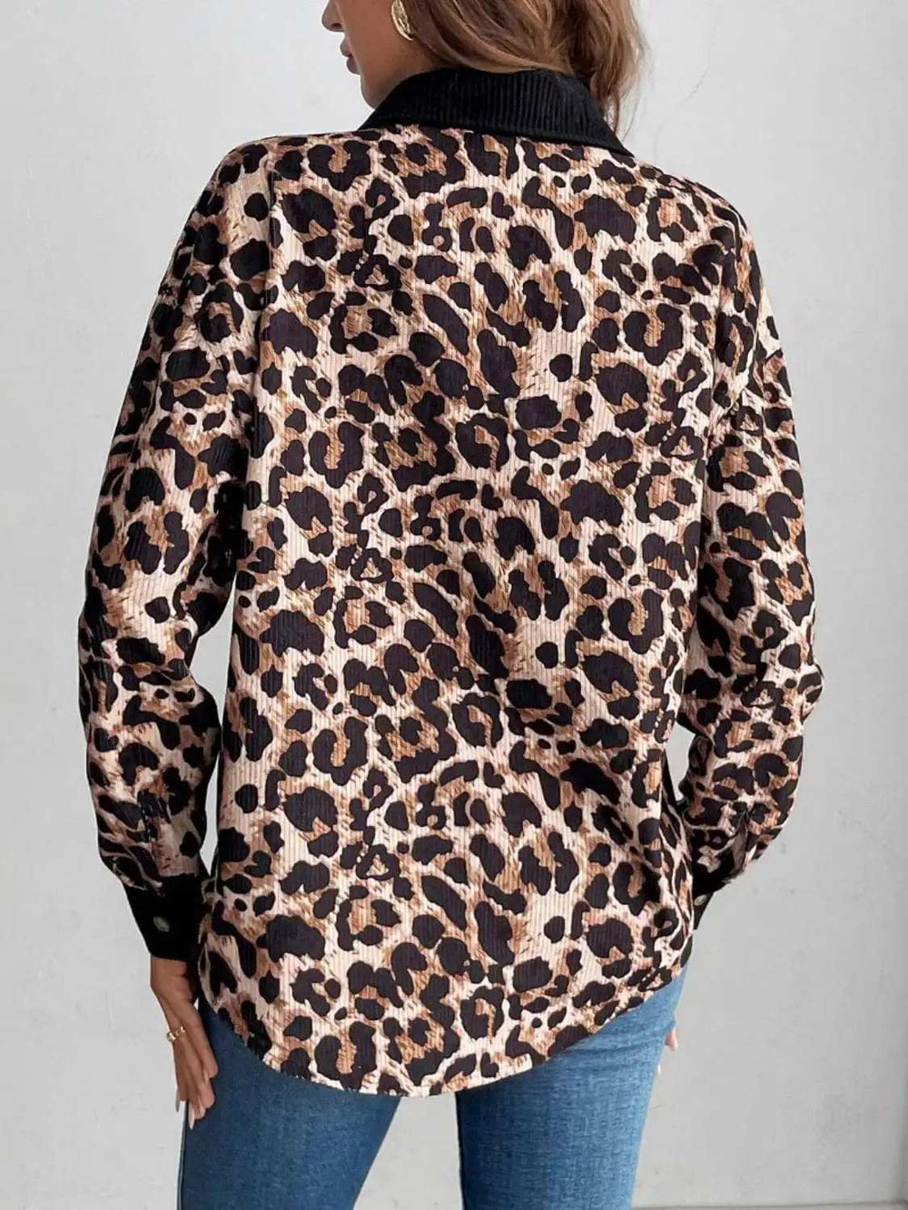 Leopard Collared Neck Button Up Shacket - Trendsi - Flyclothing LLC
