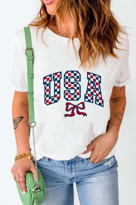 Checkered USA Graphic Round Neck Tee - Trendsi - Flyclothing LLC