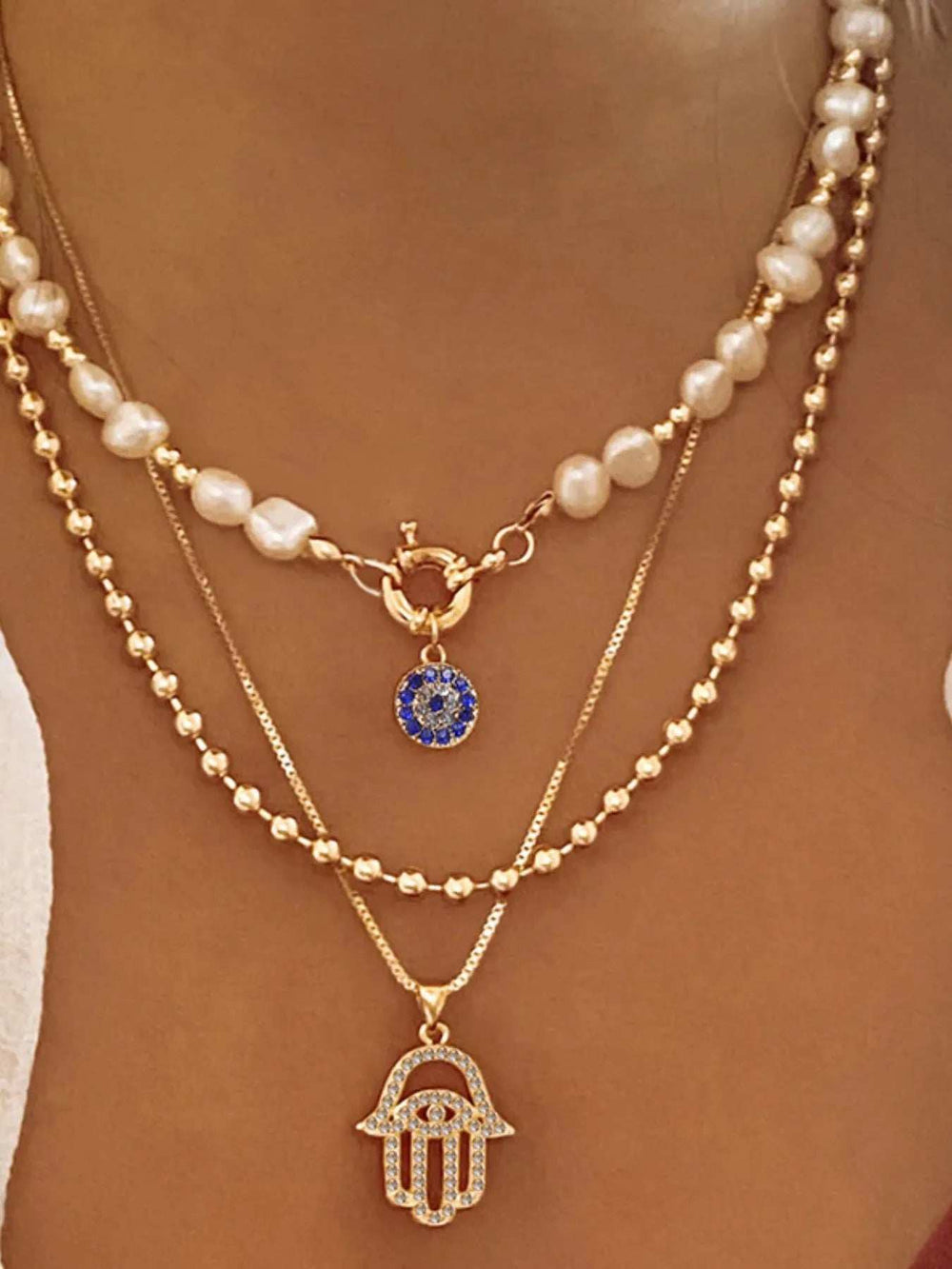 Layered Pearl Chain Evil Eye Hamsa Pendant Necklace - Trendsi - Flyclothing LLC