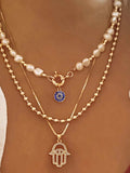 Layered Pearl Chain Evil Eye Hamsa Pendant Necklace - Trendsi - Flyclothing LLC