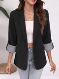 Lapel Collar Roll-Up Sleeve Blazer - Trendsi - Flyclothing LLC