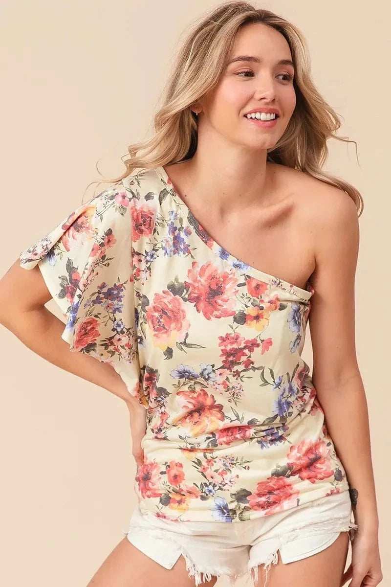 BiBi Floral Printed Jersey Knit Ruffle Sleeve Top - Trendsi - Flyclothing LLC
