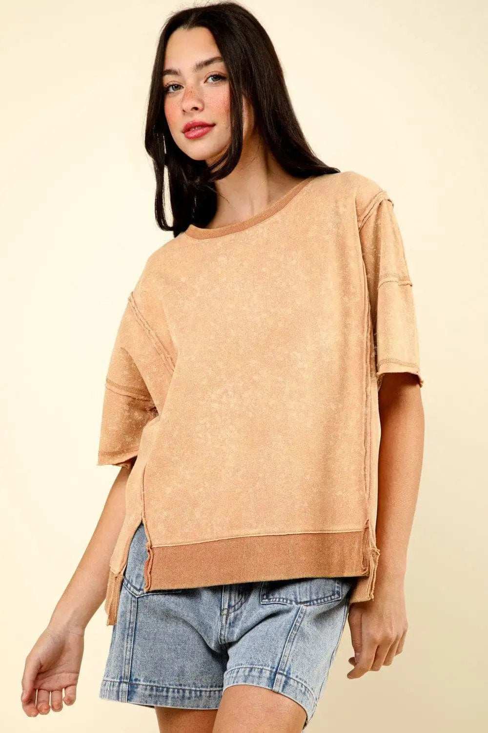 VERY J Round Neck Exposed Seam Slit T-Shirt - Trendsi - Flyclothing LLC