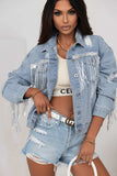Sequin Fringe Trim Distressed Button Up Denim Jacket - Trendsi - Flyclothing LLC