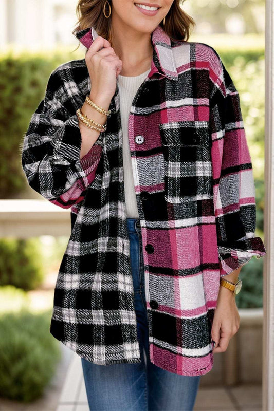 Pocketed Plaid Collared Neck Long Sleeve Shacket - Trendsi - Flyclothing LLC