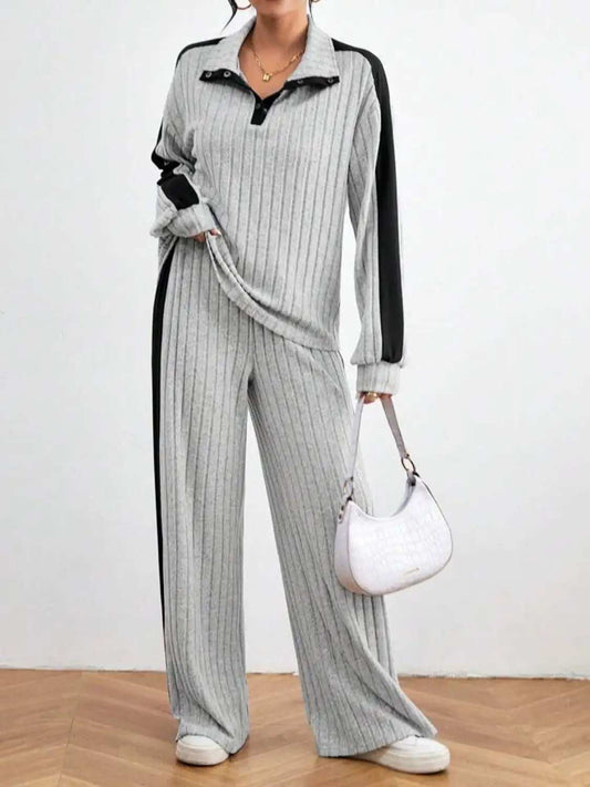 Contrast Collared Neck Long Sleeve Top and Pants Set - Trendsi - Flyclothing LLC