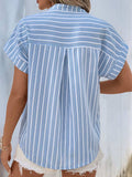 Perfee Half Button Striped Short Sleeve Blouse - Trendsi - Flyclothing LLC
