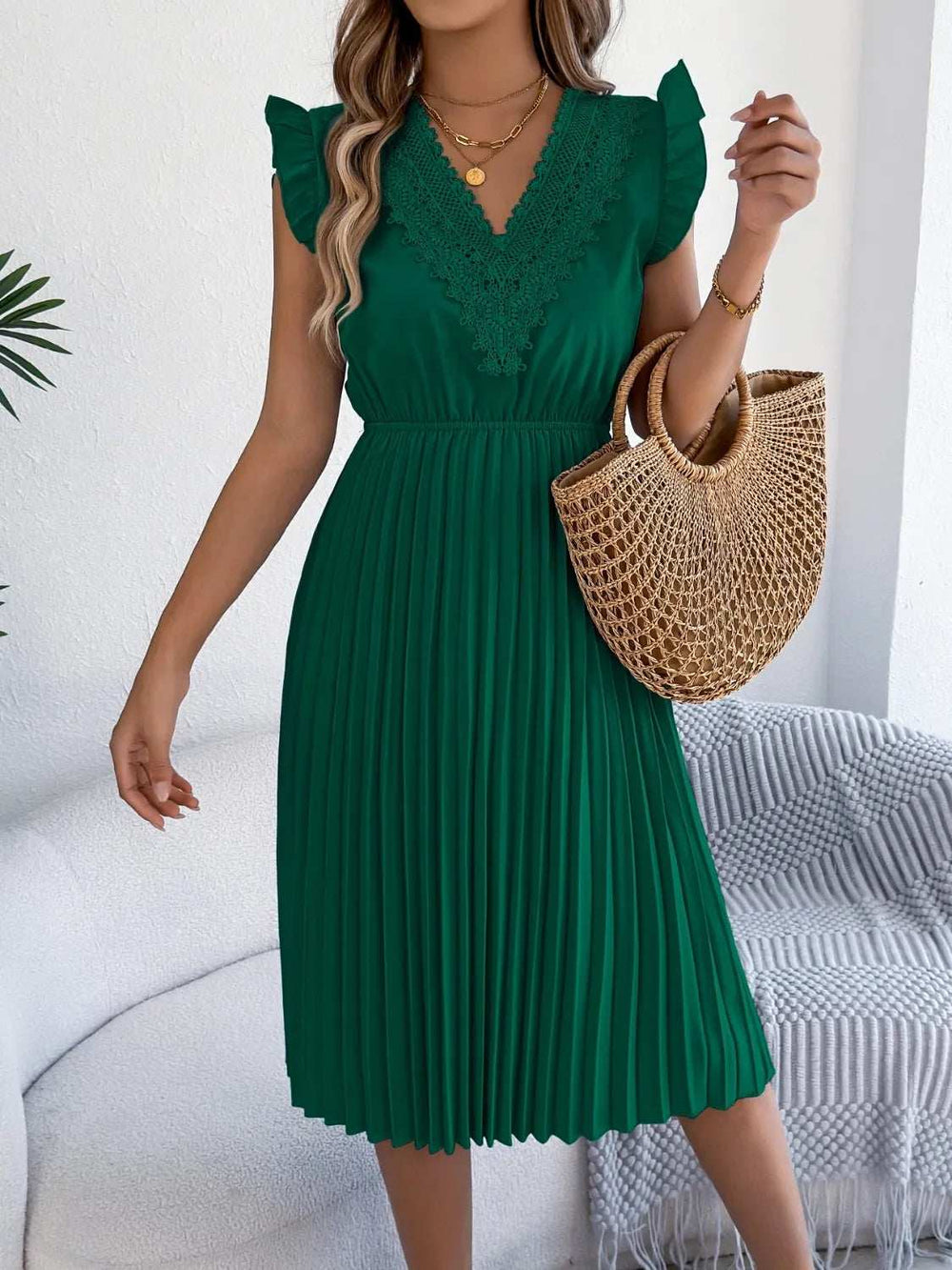 Lace Detail Ruffled Cap Sleeve Pleated Dress - Trendsi - Flyclothing LLC