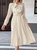 Polka Dot Tie Front Long Sleeve Midi Dress - Trendsi - Flyclothing LLC