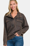 Zenana Acid Washed Half Snap Fleece Sweatshirt - Trendsi - Flyclothing LLC